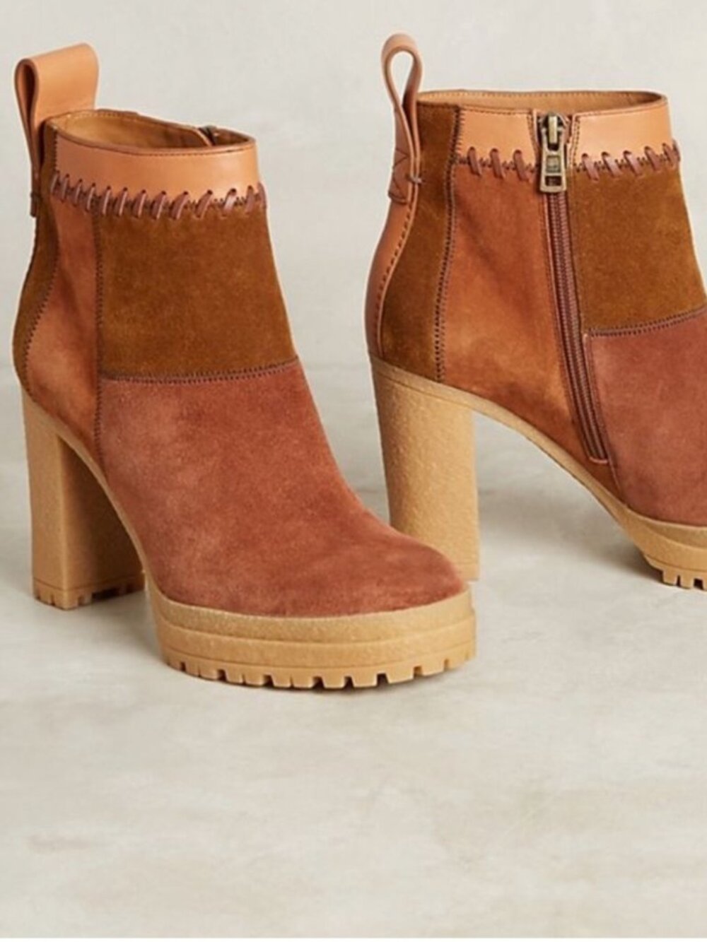 See by Chloe Polina Patchwork Platform Booties Heeled Boots Brown Size 38